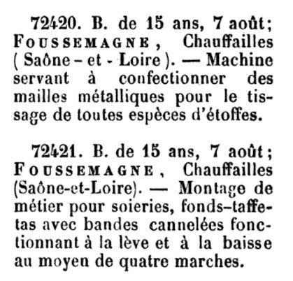 Brevet d'invention de Foussemagne de Chauffailles (1868)